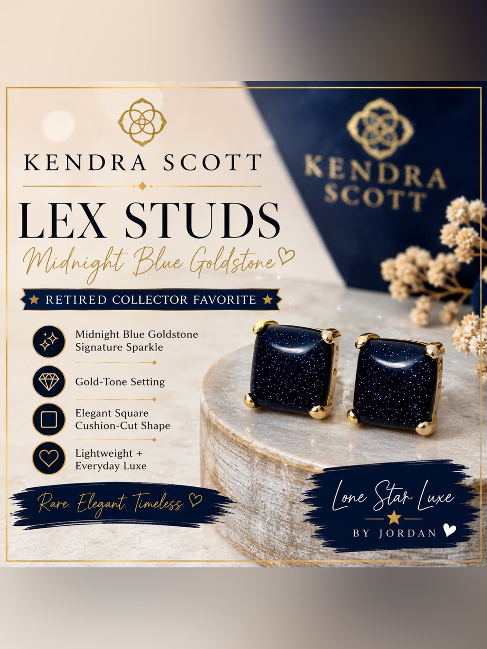 Kendra Scott Lex Stud Earrings – Midnight Blue Goldstone | Retired Collector Fav